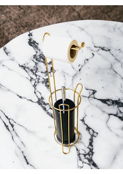 Kaliteli Metal Paslanmaz GOLD Wece Kağıtlık ve Fırça Oval Tasarım Ayaklı Kağıtlık ve Siyah Fırça 2li