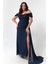 Kadın Lacivert Kayık Yaka Drapeli Yırtmaçlı Uzun Simli Abiye Elbise 1