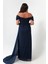 Kadın Lacivert Kayık Yaka Drapeli Yırtmaçlı Uzun Simli Abiye Elbise 5
