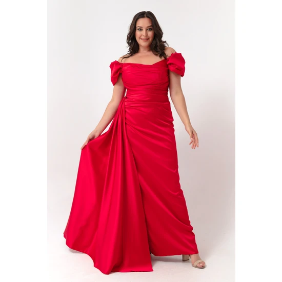 Lafaba Kadın Kırmızı Kayık Yaka Kuyruklu Uzun Saten Abiye & Mezuniyet Elbisesi