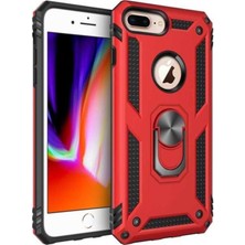 Caseart Apple iPhone 8 Plus Kapak Military Yüzüklü Stantlı Panzer Tank Kılıf Kırmızı