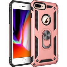 Caseart Apple iPhone 8 Plus Kapak Military Yüzüklü Stantlı Panzer Tank Kılıf Rose Gold