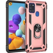 Caseart Samsung Galaxy A21S Kapak Military Yüzüklü Stantlı Panzer Tank Kılıf Rose Gold