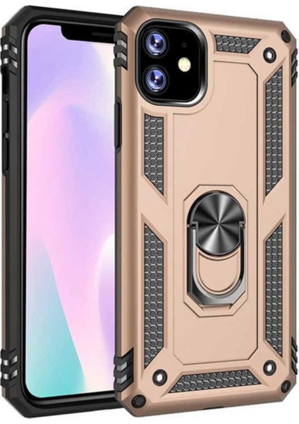 Apple iPhone 11 Kapak Military Yüzüklü Stantlı Panzer Tank Kılıf Gold