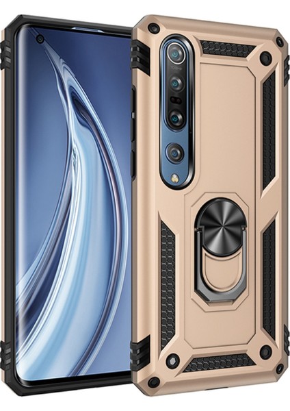 Xiaomi Mi Note 10 Kapak Military Yüzüklü Stantlı Panzer Tank Kılıf Gold