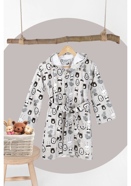 Cartoon Gri Siyah Kapşonlu Bebek Çocuk Bornozu 1-2 Yaş