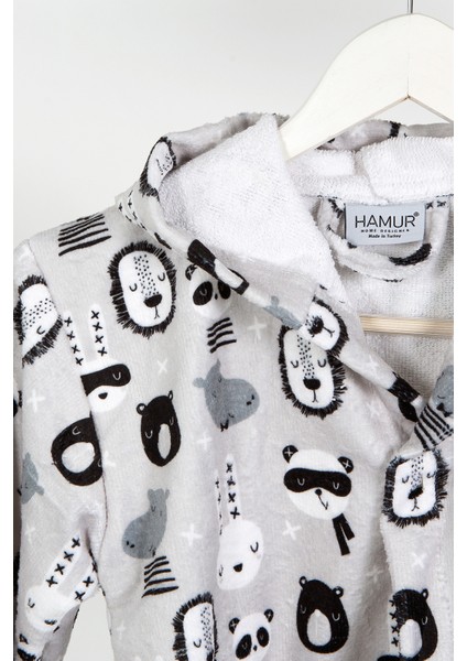 Cartoon Gri Siyah Kapşonlu Bebek Çocuk Bornozu 1-2 Yaş modelleri