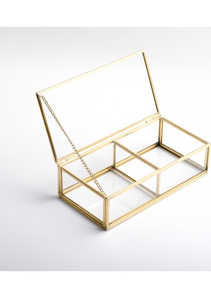 2 Bölmeli Cam Takı Aksesuar Makyaj Organizer Kutusu Gold Pirinç Brass 20X10X6