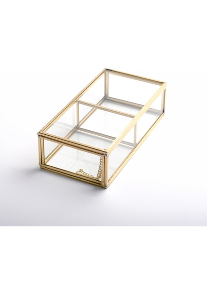 2 Bölmeli Cam Takı Aksesuar Makyaj Organizer Kutusu Gold Pirinç Brass 20X10X6