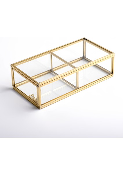 2 Bölmeli Cam Takı Aksesuar Makyaj Organizer Kutusu Gold Pirinç Brass 20X10X6