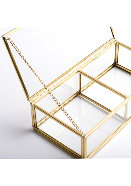 2 Bölmeli Cam Takı Aksesuar Makyaj Organizer Kutusu Gold Pirinç Brass 20X10X6