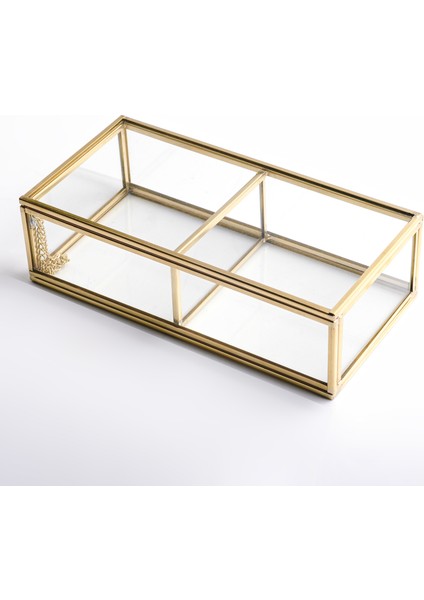 2 Bölmeli Cam Takı Aksesuar Makyaj Organizer Kutusu Gold Pirinç Brass 20X10X6