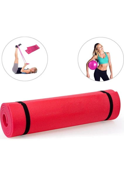 6,5 mm Pilates Minderi, Pilates Bandı ve Denge Topu - 3 Lü Pilates Seti - Pembe