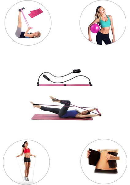 Portable Studio Pilates Egzersiz Çubuğu + Pilates Denge Topu + Pilates Bandı + Atlama Ipi + Termal Kemer