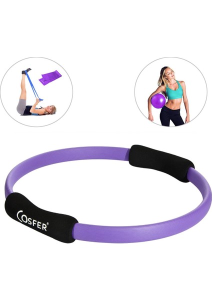 Pilates Çemberi - Pilates Bandı ve Denge Topu - 3 Lü Pilates Seti - Mor