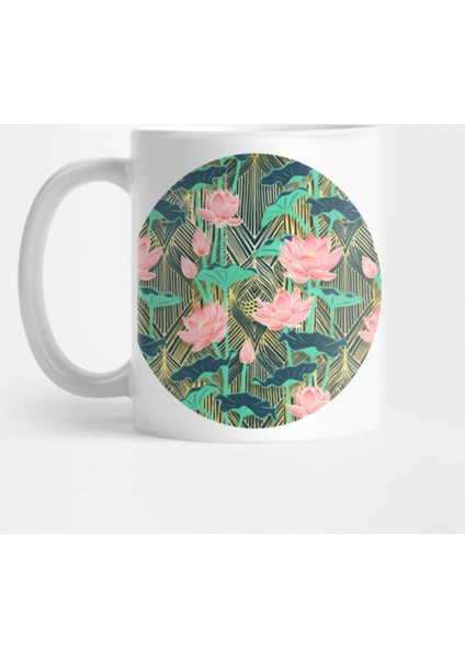 Art Deco Lotus Flowers İn Peach & Emerald Kupa Bardak