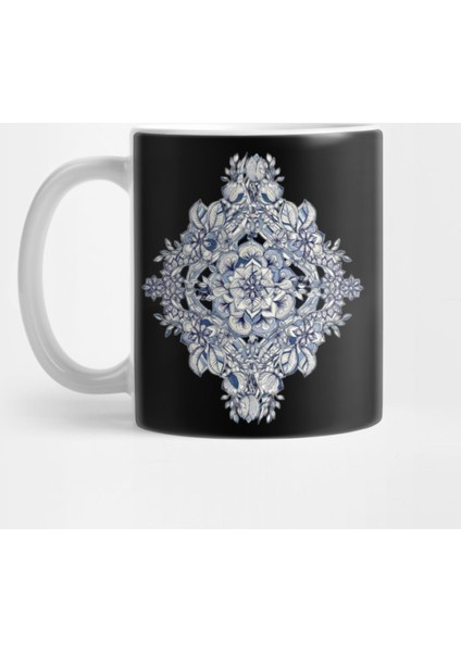 Floral Diamond Doodle İn Dark Blue And Cream Kupa Bardak
