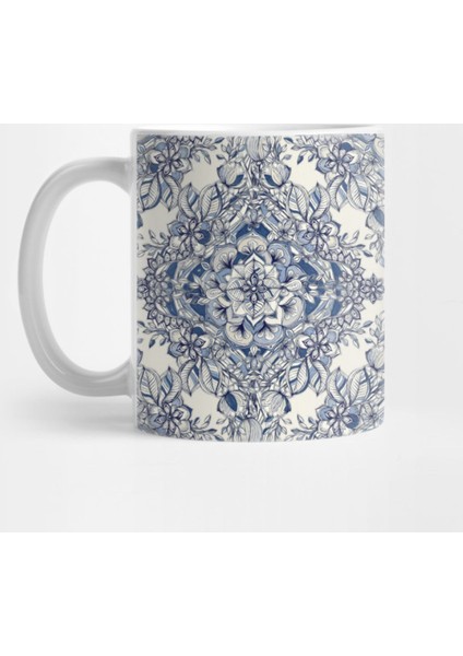 Floral Diamond Doodle İn Dark Blue And Cream Kupa Bardak