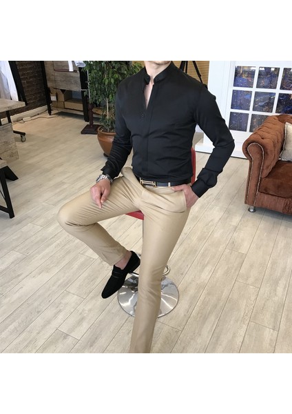 Italyan Kesim Slim Fit Erkek Hakim Yaka Gömlek Siyah T4795