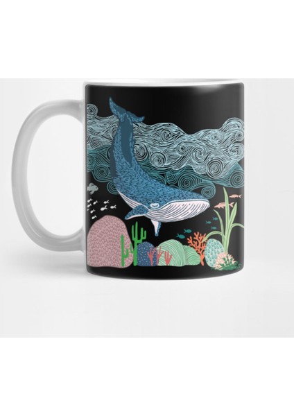 Blue Whale Waves Line Art Kupa Bardak