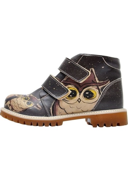 Çocuk Vegan Deri Siyah Günlük Bot - Owls Family Tasarım