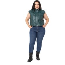 Disentis Modest Büyük Beden Alttan Büzgü Detaylı Cepli Astarlı Deri Kısa Haki Yelek