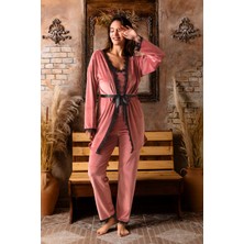 Nisanca Kışlık Sabahlıklı Kadın Kadife Pijama Takımı- 3 Parça Çeyizlik Kadife Set