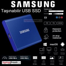 Samsung T7 2tb MU-PC2T0H/WW 1050MB-1000MB/SN USB 3.2 Gen2 Harici SSD Mavi 3 Yıl Samsung Turkıye Garantili