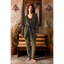 Nisanca Kışlık Sabahlıklı Kadın Kadife Pijama Takımı- 3 Parça Çeyizlik Kadife Set