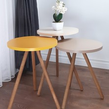 İntergo Renkli 3'lü Zigon Sehpa Ahşap Ayaklı Yuvarlak Pastel Tasarım - Cappuccino - Krem - Sarı