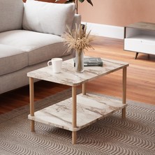 İntergo Orta Sehpa Oval Ahşap Ayaklı Iki Katlı Gazetelikli Krem Mermer Desenli