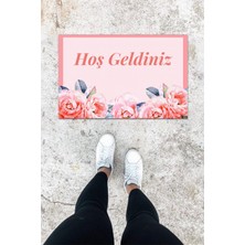 Dijital Baskı Pembe Dış ve Iç Mekan Gül Desen Kapı Önü Paspası