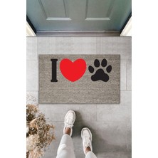 Dijital Baskı Kalitesi  Gri I Love Pati Kırmızı Kalpli  Dekoratif Kapı  Paspası