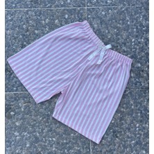 Betimoda Kadın Dört Mevsim Yumuşak Basic Pamuklu Beli Lastikli Yüksek Bel Pijama Şort Somon Çizgili