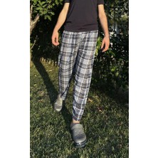Betimoda Erkek Pamuklu Cepsiz Ekose Desenli Pijama Altı Eşofman Süp Lacivert Beyaz