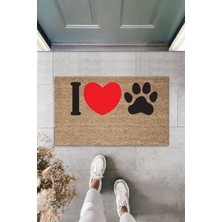 Dijital Baskı Kalitesi  Kahverengi Kırmızı Kalpli I Love Pati  Dekoratif Kapı  Paspası