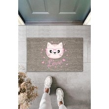 Dijital Baskı Kalitesi  Gri Love Yazılı Pembe Gözlüklü Kedi  Dekoratif Kapı  Paspası