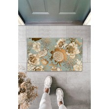 Çok Amaçlı Dekoratif Dijital Baskı Turkuaz-Gold Kuş Dış Mekan Paspas