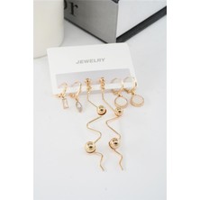 By Zeyna Aksesuar Kadın 6.5 cm Zigzag Sallantılı ve Oval Sedefli 6'lı Küpe Seti