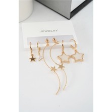 By Zeyna Aksesuar Kadın 6.5 cm Zigzag Sallantılı ve  Sedefli Yıldız Model 6'lı Küpe Seti
