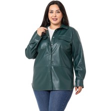 Disentis Modest Büyük Beden Kontrast Dikişli Çıtçıt Kapamalı Deri Haki Gömlek