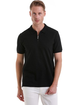 HTML Siyah Regular Fit Desenli Pamuklu Polo Yaka Tişört