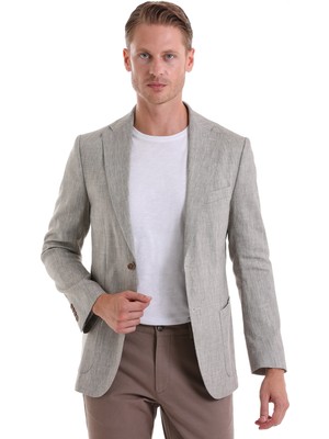 Hatem Saykı Cappucino Slim Fit Düz Mono Yaka Casual Keten Ceket