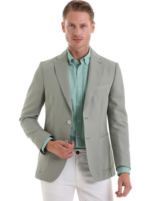 Saykı A.yeşil Slim Fit Düz Mono Yaka Casual Keten Ceket