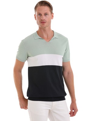 Hatem Saykı Mint Slim Fit Desenli Polo Yaka Casual Rayon Tişört