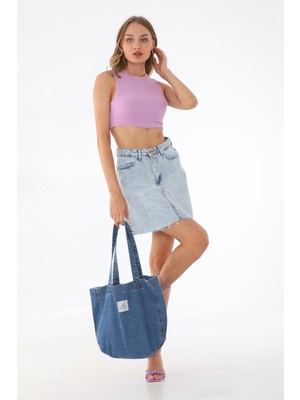 Bery Mood Koyu Mavi Kot Bez Kol & Omuz Çantası Tote Bag Kanvas Iş Spor Günlük Jean Plaj Model Yazlık 32X34