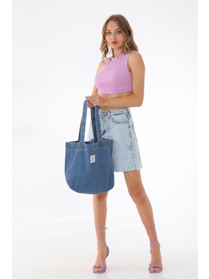 Bery Mood Koyu Mavi Kot Bez Kol & Omuz Çantası Tote Bag Kanvas Iş Spor Günlük Jean Plaj Model Yazlık 32X34