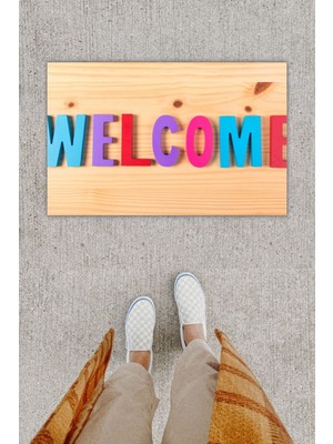Dijital Baskı Dekoratif Welcome Ahşap Kapı Önü Paspası
