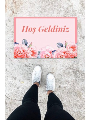 Dijital Baskı Pembe Dış ve Iç Mekan Gül Desen Kapı Önü Paspası