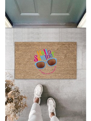 Dış ve Iç Mekan Kahve Renk Kapı Önü Paspası Hello Summer Gözlük Desen Paspas